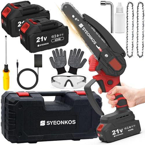 SYEONKOS Mini Chainsaw - Mini Chainsaw Cordless with 8000mAh Large Capacity Batteries & 2 Chains, Light Weight Battery Chain Saw for Garden, Tree Trimming, Wood Cutting