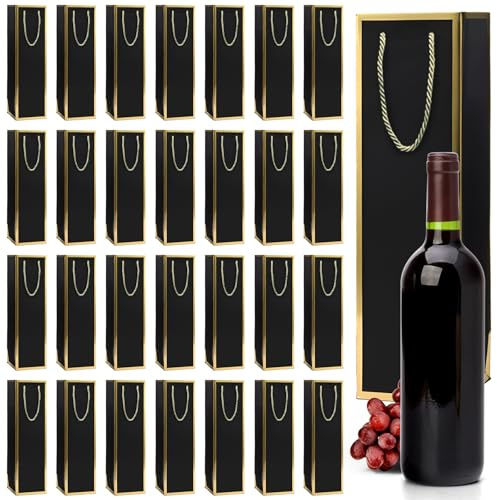 AKOLAFE 30 stycken flaskor presentpåsar kraftpapper 9,5 x 9 x 35 cm flaskpåsar förpackning vinpåse med handtag vinpåsar vinflaskor påsar påsar till jul, bröllop, fest (svart med guldtrimning)