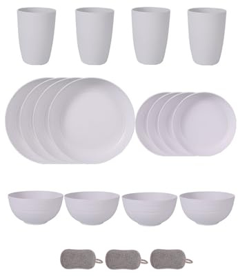 Juego de Vajilla de Plástico Cuencos Platos y Vasos Irrompibles Cubiertos Reutilizables Apto Para Microondas y Lavavajillas Ideal Para Picnics Viajes y Fiestas Navideñas (Blanco, Juego de 16)