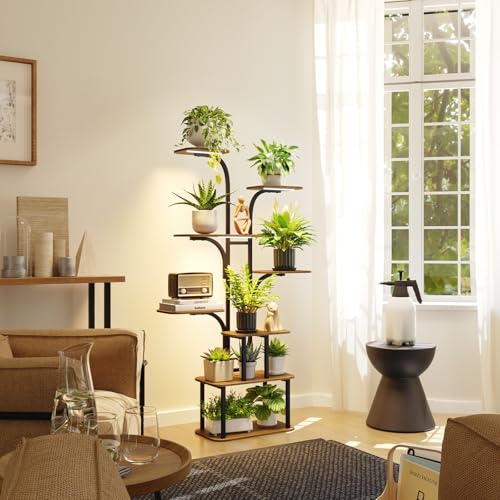 GoTiling Pflanzenregal Indoor mit LED Grow Light, 160cm Hoch 8 Etagen Blumenregal Metall & Holz, Mehrstöckiger Pflanzenständer für Wohnzimmer, Balkon, Fensterbank, Blumentöpfe & Kräuter