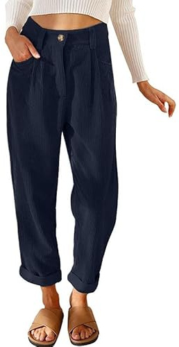Joligiao Pantalon en Velours Côtelé pour Femme Pantalon Décontracté Taille élastique Pantalon avec Poche Zippé Bouton Fermeture Éclair Chaud Pantalon Femme Chic et Elegant Hiver(Bleu Marine,XXL)