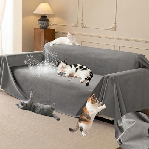 Loiion Kratzschutz Sofa Katze, Weich Couch Katzenschutz, Grau 340x230cm | Sofa Überzug 3 Sitzer, Sofabezug Wasserdicht Tierhaare, Rutschfest Sofaüberwurf für Haustiere Kinder Hund Katze Kratzer