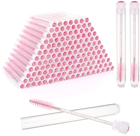 150 Pieces Disposable Mascara Wands, Diamond Eye Lash Brush with Tube Spoolies for Eyelash Extensions Makeup Tools - Pink