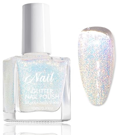 Glitzer Nagellack Klar Weiß - Ungiftiger Nagellack Auf Wasserbasis - Schnell Trocknende Nagellacke - Reflective Clear Glitter Nail Polish Für Frauen DIY-Nagelkunst Zu Hause (Translucent White, 10 Ml)