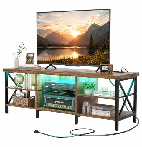 iSunirm LED TV-Lowboard 140 cm (55 Zoll) | Fernsehschrank in mit Ladestation & RGB | Stabiles TV-Board Industrial Design mit Glasablage | Gaming Fernsehtisch für Wohnzimmer & Entertainment