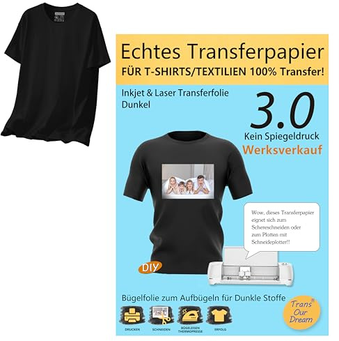 TransOurDream A4X20 Blatt+2 Silikonpapier,1 T Shirt Echte Inkjet/Laser Transferfolie,Bügelfolie für Dunkle Textilien,T-Shirt Papier für dunkle T-Shirts, Textilienfolien,Transferpapier,T Shirt Folie