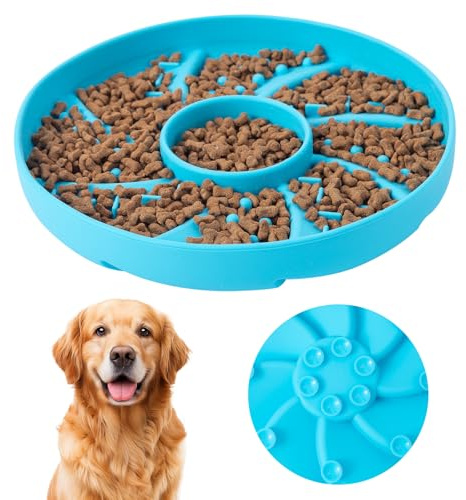 Silicone Slow Feeder Dog Bowl with Suction Cup Base,2 Cup Capacity Anti-sling Bowl for Small to Medium Dogs Maze Dog Bowls Slow Eating Dog Bowl,Slowing Down Eating,Blue