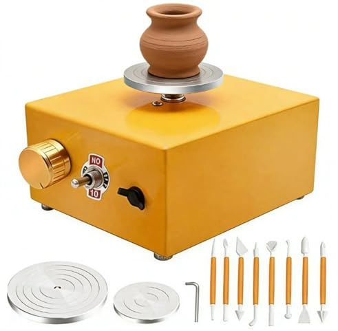 Mini Tornio Elettrico per Ceramica, Macchina per Ceramica a velocità Regolabile 2000Rpm, Kit da Tavolo per Ceramica con Piatti Girevoli da 10cm e 6,5cm, Strumenti per Modellare Yellow