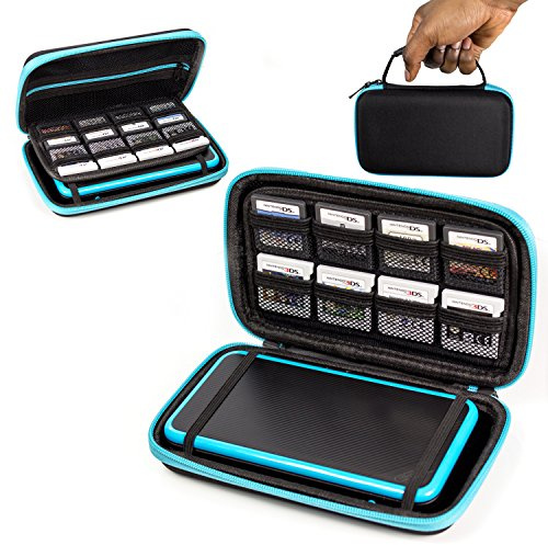 Orzly 2DS XL Case, Etui pour New Nintendo 2DS XL – Housse Rigide de Rangement Zippée en Matériau Durable Anti-Choc pour la Console New 2DS XL et Ses Accessoires - Bleu sur Noir