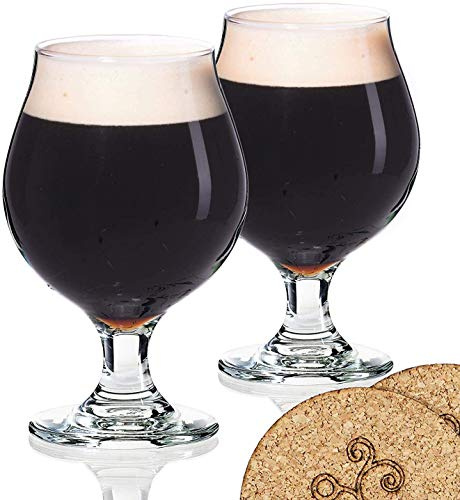 ECODESIGN-US Beer Glasses Belgian Style Tulip - 16 Oz - Set of 2 w/Coasters - Birthday Housewarming Bachelor Party Glassware Gift