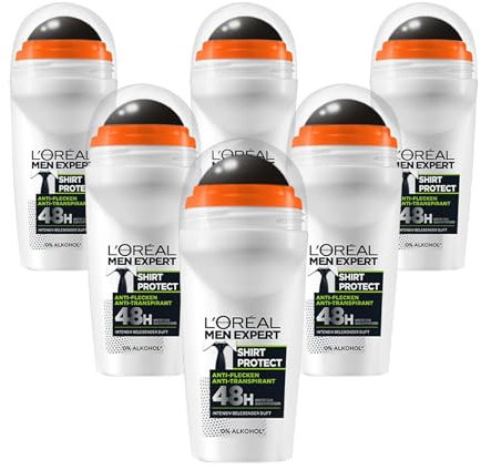 LOréal Men Expert Deodorante per uomo, deodorante antimacchia con profumo intensamente tonificante per un massimo di 48 ore di freschezza, Shirt Protect, 6 x 50 ml