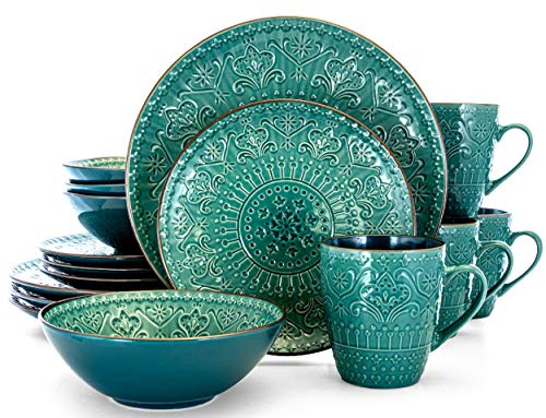 Elama Round Stoneware Embossed Dinnerware Dish Set, 16 Piece, Ocean Teal and Green