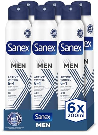 Sanex Men Active Control Deodorante spray per uomo, confezione da 6 x 200 ml, protezione 48 H, antitraspirante, anti irritazione, 0% alcool, combattimento il cattivo odore, lunga durata