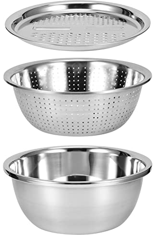 3er-Set Edelstahl Micro Perforierte Küchensieb Nudelsieb, 3-in-1 Mehrzweck Abflusskorb Gemüseschneider Julienne Reibe Salat Maker Schüssel Abtropfsieb für Gemüse Obst Reis Waschschüssel Sieb Set