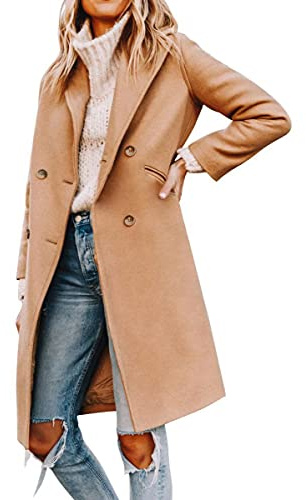 Yousify Womens Notched Lapel Collar Double Breasted Pea Coat Winter Wool Blend Over Coats Long Jackets Camel M