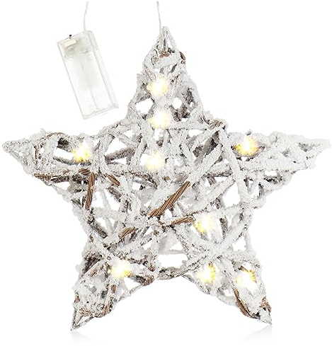 COM-FOUR® Flor de Pascua LED, Corona de Puerta de Invierno con iluminación y Temporizador, Estrella Decorativa con 10 LED Blancos cálidos, decoración navideña (01 Pieza - Blanco - Estrella 30cm)