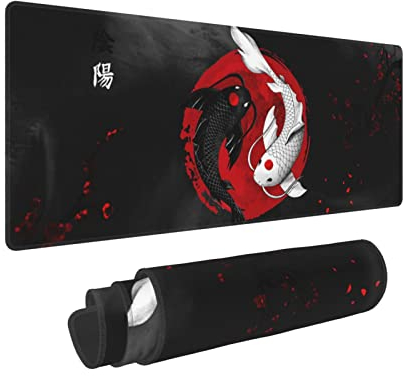 Mauspad mit japanischem Yin- und Yang-Koi-Karpfenfisch, XL-Mauspad, verlängerte Schreibtischmatte, rutschfeste Gummiunterseite, genähte Kanten, Gaming-PC, Desktop, großes Mauspad, 80 x 30 cm, Schwarz