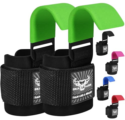 BEAST RAGE Ganchos para levantamiento de pesas, correas de muñeca de neopreno grueso acolchado con revestimiento de goma, antideslizantes, levantamiento de peso, entrenamiento, gimnasio, (Green)