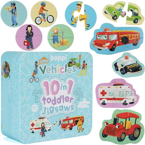 10-in-1-Puzzles für Kleinkinder ab 18 Monaten – Fahrzeugpuzzles für Kleinkinder / Entwicklungsspielzeug für Kinder – Autopuzzles von boppi, hergestellt aus 100 % recyceltem Karton