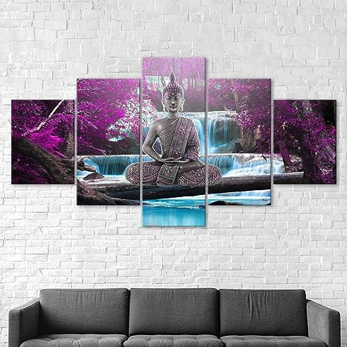 5 teiliges wandbild Buddha-Wasserfall-Purpurbaum-Szene 5 stück leinwand wandkunst,5 teilig leinwand wanddeko wohnzimmer,leinwanddruck 5 teilig bilder wohnzimmer modern groß,mit rahmen,xxl 150x80cm