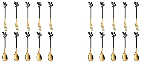 TsoLay 10 cucharas+10 tenedores de acero inoxidable con hojas de café, cucharas, tenedores, cucharillas de postre, cucharadita agitadora, tenedores para aperitivos, cucharas