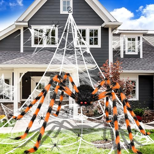 iZoeL Giant Spider Halloween Decorazioni Halloween Ragno 2 m Ragno Arancione 7 m x 5.5 m Grande Ragnatela 30 Mini Ragni 40 g Ragnatela - Decorazioni Casa/Interni/Esterni/Casa Stregata/Giardino