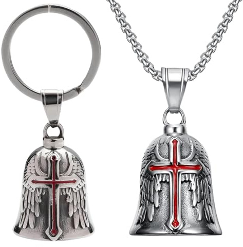 HSKRKOW 2 Pièces Clochette Moto Guardian Ride Bell Set, Porte Clé Moto Et Collier,Guardian Bell Acier Inoxydable Argent,Acier Inoxydable Moto En Forme D'Ange Gardien À Suspendre,Moto Cyclisme(Rouge)