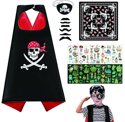 14 Pcs Piratenkostüm Kinder Umhang Zubehör Mit Bandana, Augenklappe, Tattoo Aufkleber, Bärte - Cosplay Cape für Jungen Piratenpartys, Halloween, Karneval, Rollenspiel
