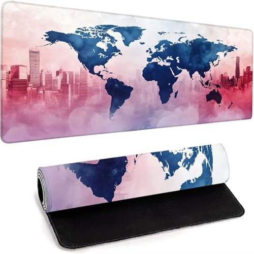 Mauspad XXl Gaming Mauspad 900 x 400 x 3mm Verlängertes Großes Mauspad Schreibtischauflage, Genähte Kanten Mauspad-Rutschfeste Gummibasis - Verbessert Präzision und Geschwindigkeit Blau Weltkarte 7-I