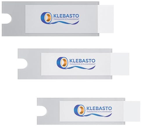 KLEBASTO Beschriftungsfenster selbstklebend | Selbstklebetaschen inclusive Einsteckschilder | Etikettenhalter zum kleben für Regale,Mappen,Ordner | schmale Seite offen (24, 25mm x 75mm)