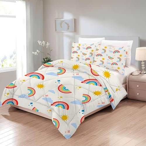Bettdecke 200x220 Ohne Bezug Nutzbar, Regenbogen Sonnenwolken Bettdecken Waschbar Ganzjahresdecke Kinder 4 Jahreszeiten Steppdecke, Bettzeug Microfaser mit 2 Kissenbezug für Sommer Winter Doppelbett