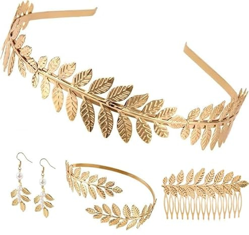 ChAusa 4 Pcs Greek Goddess Costume Accessories Greek Goddess Leaf Headband Women Gold Upper Arm Cuff Bracelet Headband Dangle Earring Goddess Jewelry Adjustable Set for Party Bridal Wedding Halloween