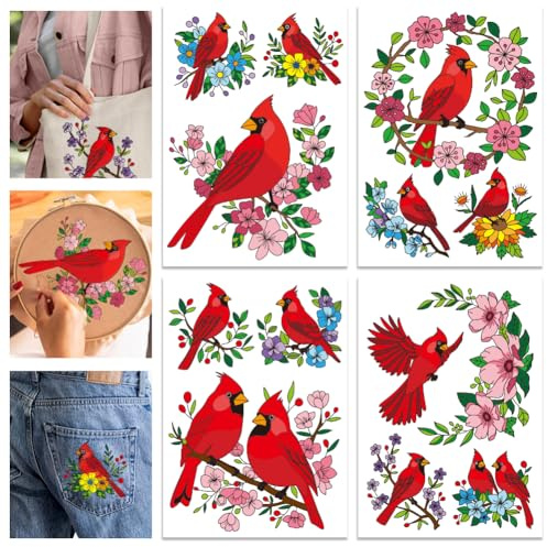 GLOBLELAND 4 fogli 12 pezzi Linnet e Fiori Colorati Stabilizzatori per Ricamo Idrosolubili Uccelli Piante Stabilizzatori per Cucito Stabilizzatore per Ricamo Autoadesivo Lavabile per Principianti