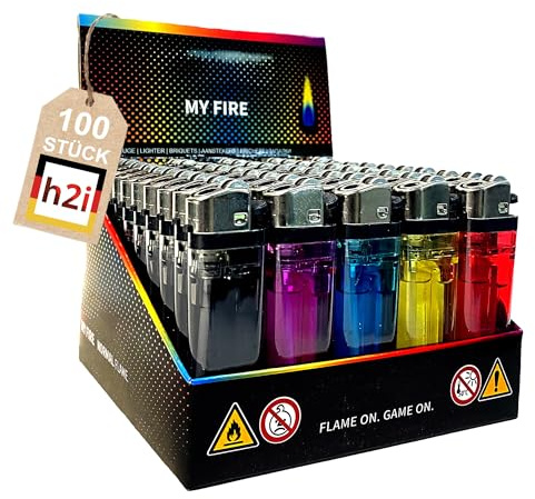h2i Feuerzeug mit Reibrad | 100 Stück |transparentes Einwegfeuerzeug in 5 Farben | Ergonomisches Design & stufenlose regulierbare Flamme | Zuverlässige Zündung im Alltag