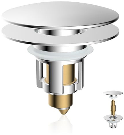 iFealClear Universal Bathroom Sink Stopper, Metal Pop Up Sink Drain Strainer with Hair Catcher Basket, Fits 1.1-2.3 US Basin, Wash Basin Drain Plug with Large Cover Cap, Brass Bounce Core, Chrome