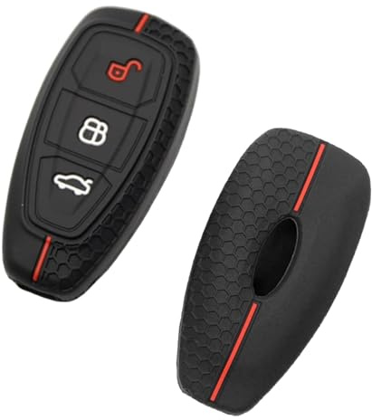 Autoschlüssel-Schutzhülle, Silikon, weich, kompatibel mit Ford Focus, Autoschlüssel-Hülle für Ford, 3-Tasten-Ford-Focus-Schlüssel-Schutz, Autoschlüssel-Zubehör, Ford Fiesta, Silikonhülle, Rot, 2 Stück