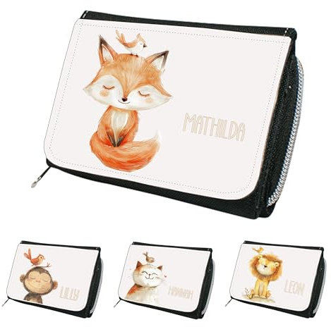 wolga-kreativ Kindergeldbeutel mit Namen Tiere – Kinderportmonee mit Löwe, Hase, Fuchs, Giraffe – Portemonnaie Kinder Jungen Mädchen – personalisierte Geschenke – Geldbeutel Kinder mit Reißverschluss