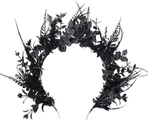 MOSTORY Gothiche Blumen-Aureolen-Krone für Damen, schwarze Göttinnenkrone mit Feder, für Halloween, Renaissance-Cosplay, Halloween