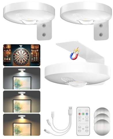 BrightArk 3 Stück Bilderleuchte Kabellos, LED Wiederaufladbar Batterie Wandleuchte für Kunstwerke Schrankbeleuchtung, Magnetische Bildbeleuchtung Kabellos mit 3 Farben, Timer-Funktion & Dimmfunktion