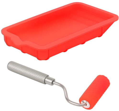 Silicone Roller and Glue Tray, Professional Paint Kit Roller Brushes - Small Painting Supplies Reusable Paint Set with Paint Tray for Door, Furniture & Cabinets (Red)