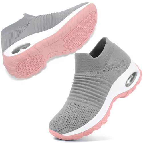 STQ Walking Shoes Women Slip on Sneakers Work Non Slip Tennis Orthopedic Comfortable Arch Support Nursing Plantar Fasciitis Breathable Mesh Fashion Ladies Medium Grey Pink 8.5