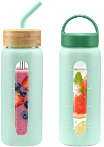 HYDRAGLAZIC 600ML Trinkflasche aus Glas, Glasflasche mit 2 Deckeln und Strohhalm, Auslaufsichere Wasserflasche mit Zeitmarkierung und Messskala, BPA-Frei, für Büro & Fitness, Hellgrün