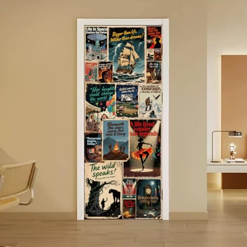 arricraft Paquete de 2 pegatinas autoadhesivas para puerta, 80 x 200 cm, diseño de póster de película retro, calcomanías de imágenes de pared para puertas, puertas de PVC, decoración de papel pintado