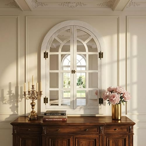 Fahomiss Windowpane Wall Mirror with Wooden Frame, Arched Window Design for Living Room & Entryway, Vintage Cottage Style