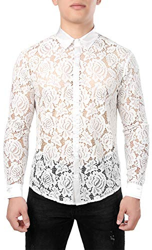 JOGAL Chemise transparente à manches longues pour homme, motif fleurs en dentelle, à boutons, Rose blanche., XXL