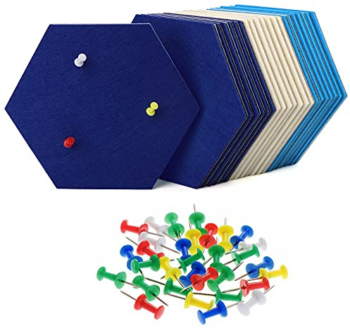 HonGien Juego de 21 Tableros de Fieltro de Color con Forma Hexagonal, Tableros de Anuncios Autoadhesivos con 30 Pines para Mostrar Notas, Imágenes, Decoración de Pared Colorida (Azul y blanco)
