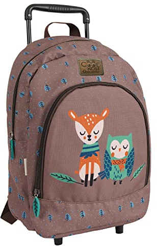 PERLETTI Ökologischer Kinderrucksack mit Rollen und Waldtieren - Kinder Trolley aus Recyceltem Kunststoff mit Rädern - Kindergarten Schulranzen Trolleytasche - 36x25x15 cm Eco (Rehkitz und Eule)