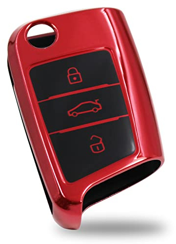 Autoschlüssel Hülle für 3 Tasten Auto Schlüssel TPU Schutzhülle Chrom Hochglanz Schlüsselhülle Cover Kfz Zubehör VB (Chrom Rot)