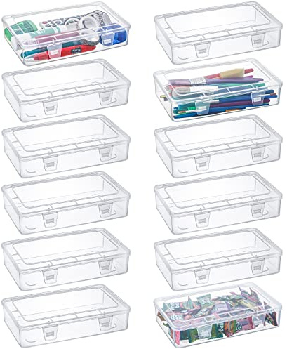 Kingrol 12 Pack Clear Plastic Storage Containers with Lids, 8 x 5 x 1.75 Inch Empty Hinged Boxes, Stackable Organizer Boxes for Home, Office, Craft Supplies