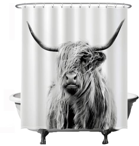 Ulticool Duschvorhang - Schottischer Highlander Schwarz Weiß - 180 x 200 cm – Anti Schimmel - Waschbar – Wasserdicht - mit 12 Ringe